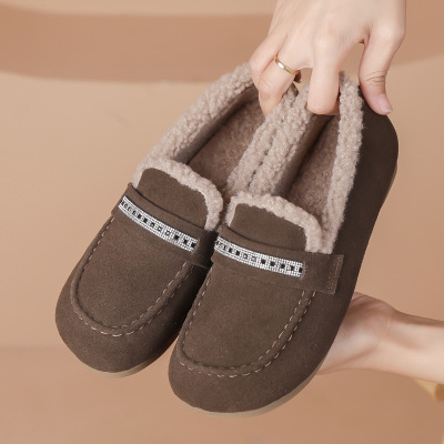 平底豆豆鞋女鞋毛毛棉鞋25秋冬新款软底磨砂复古一脚蹬乐福懒人鞋