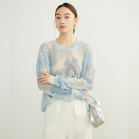 高品质 手工钉珠羊毛马海毛24秋季微透软糯毛衣女外穿印花针织衫