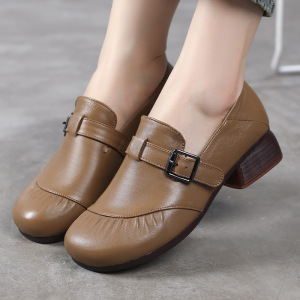 头层牛皮中跟深口单鞋女春秋舒适休闲软底中年四季复古妈妈鞋