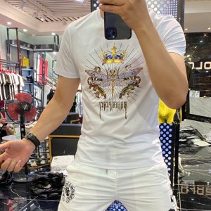 欧洲站夏季新款个性潮流修身蜻蜓烫钻印花玉蚕丝T恤男短袖潮_2