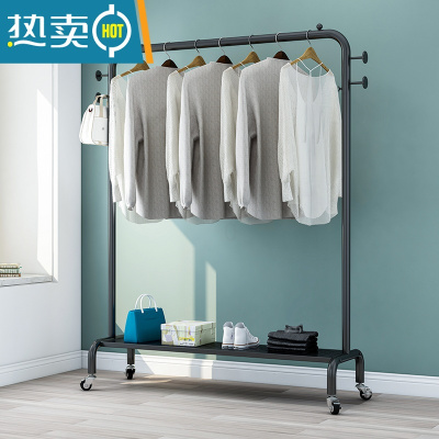 敬平挂衣架落地简易卧室内房间家用晾衣服器置物架衣帽多功能柜带轮 黑色长90高165带轮+带板晾晒架