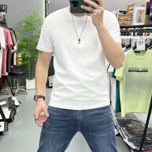 重磅净色圆领短袖T恤男夏季新款美式潮牌宽松正肩提花打底衫上衣