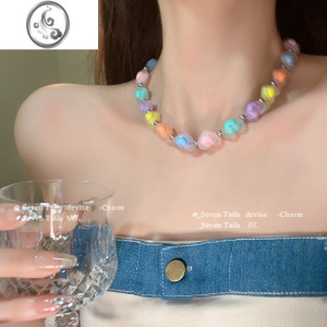 JiMi多巴胺~彩色爱心串珠项链女2023新款y2k小众设计感甜酷辣妹配饰 彩色爱心串珠项链
