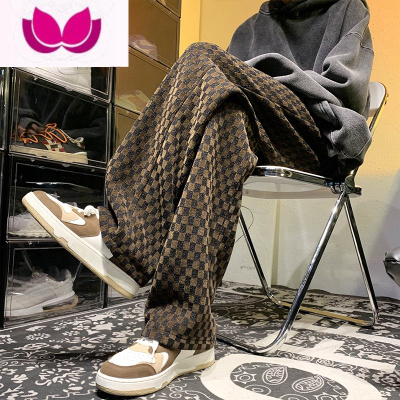 七斓美式hiphop垂感裤子男款加绒加厚直筒oversize棋盘格阔腿长裤
