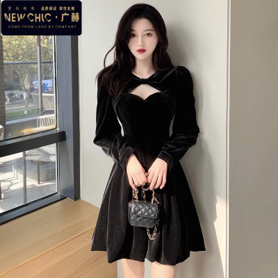 广赫新年衣服法式复古赫本风小黑裙年会晚礼服打底金丝绒连衣裙女冬季连衣裙