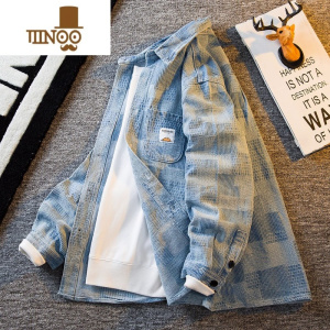 YANXU潮牌格子牛仔外套男士衬衫2023新款休闲工装夹克男款上衣服