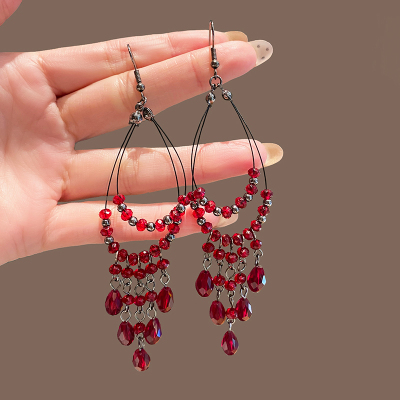 红色耳环水滴流苏长款耳坠2024新款耳钉复古波西米亚风耳饰女送女朋友老婆情人节七夕生日礼物