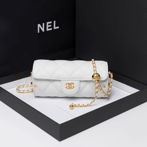 MKJ欧美时尚2023新款百搭真皮女包小众高级感斜挎鱼子酱小香风圆筒金球链条包