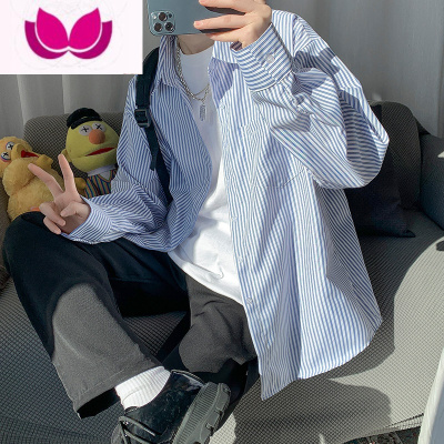 七斓条纹长袖衬衫男春季潮牌帅气百搭超火衬衣港风宽松青少年休闲外套