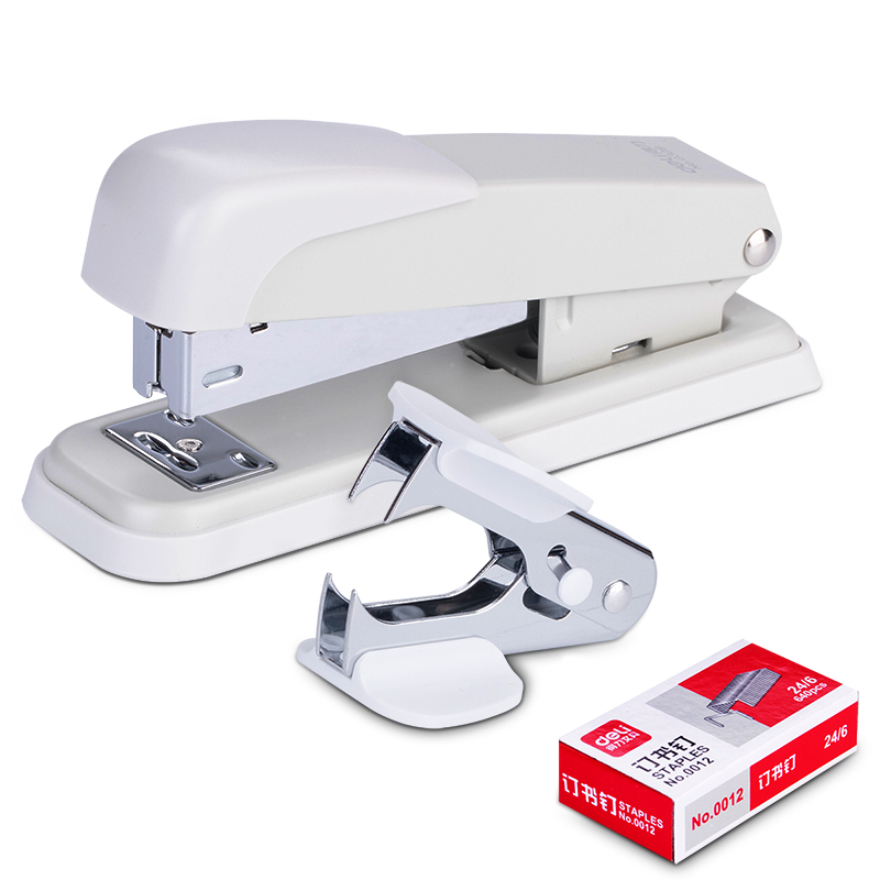 得力(deli)0359金属钢质耐用办公订书机套装(订书机+订书钉+起钉器)12#钉颜色随机