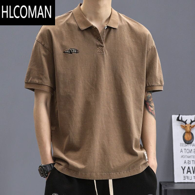 HLCOMAN夏季新款男士衫高级感翻领短袖t恤潮牌宽松大码复古体恤男潮