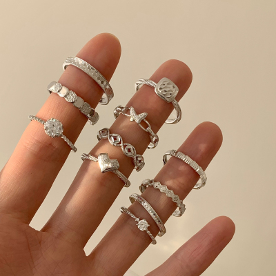 纯银爆闪镭射几何戒指合集女小众设计时尚个性开口食指戒银饰送女朋友老婆情人节七夕生日礼物