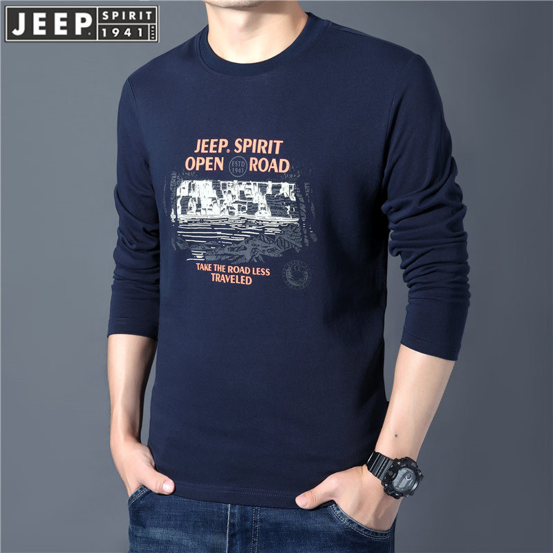 jeep spirit春秋新款男士圆领长袖t恤全棉商务休闲套头打底衫上衣