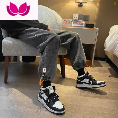 七斓束脚牛仔裤男夏季潮流宽松复古直筒阔腿裤港风ins网红抽绳长裤子