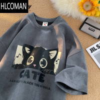 HLCOMAN潮流小猫印花绒t恤男女短袖潮牌圆领半袖夏季新款宽松上衣服