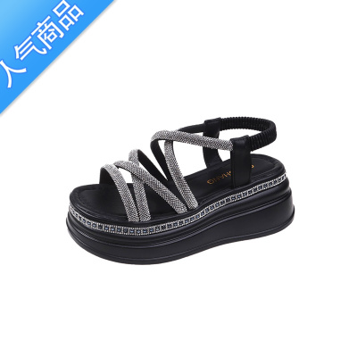 SUNTEK水钻凉鞋女士2023年新款夏季外穿松糕厚底小码34网红罗马内增高跟