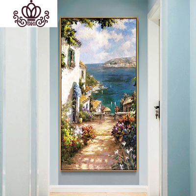 封后绣2020新款客厅北欧风格简约现代地中海边小镇风景棉线丝线满绣-80x150中格三股线绣/免费补线/精准印花/不