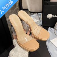 SUNTEK透明高跟鞋女2023夏季新款一字带超高跟防水台粗跟凉拖鞋小码女鞋