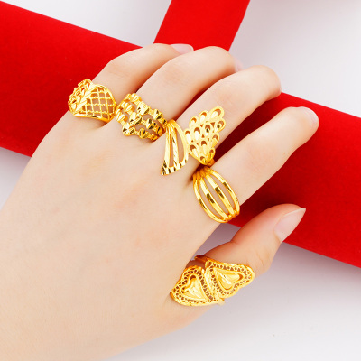 越南沙金车花戒指女款24K镀金开口戒子多色可选民族风送女朋友老婆情人节七夕生日礼物