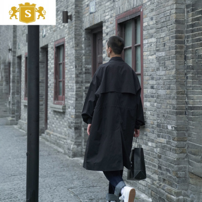 SUNTEKB/C秋季新款韩版宽松纯色翻领男士中长款风衣日系复古学生外套潮风衣