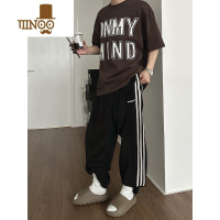 YANXU港风复古三杠运动卫裤男宽松休闲抽绳松紧腰直筒长裤情侣工装裤潮