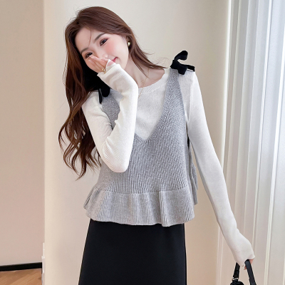 [3件8.5折84.9元,叠加优惠券]唐狮年初秋新款针织衫背心女撞色蝴蝶结设计显瘦套头马甲qd