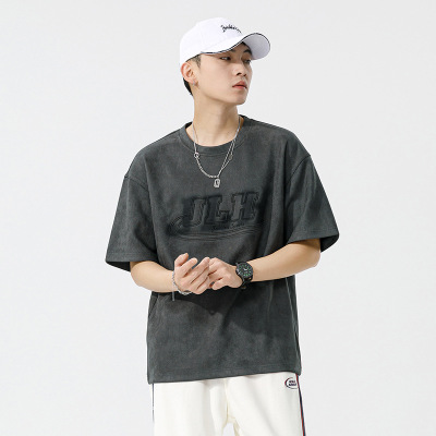 麂皮绒短袖T恤男夏季新款美式复古压花宽松体恤圆领半袖打底