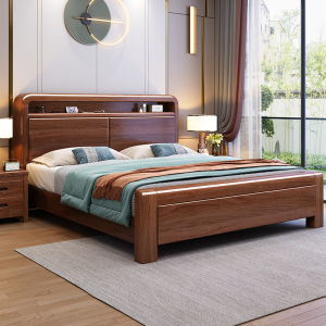 景山百岁 床 金丝胡桃木床 实木床 现代中式实木家具 木质婚床 双人床1.8 1.5米高箱储物主卧床 抽屉床 2021