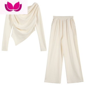 七斓港味辣妹纯色套装女春季新款一字肩长袖上衣高腰垂感休闲裤套