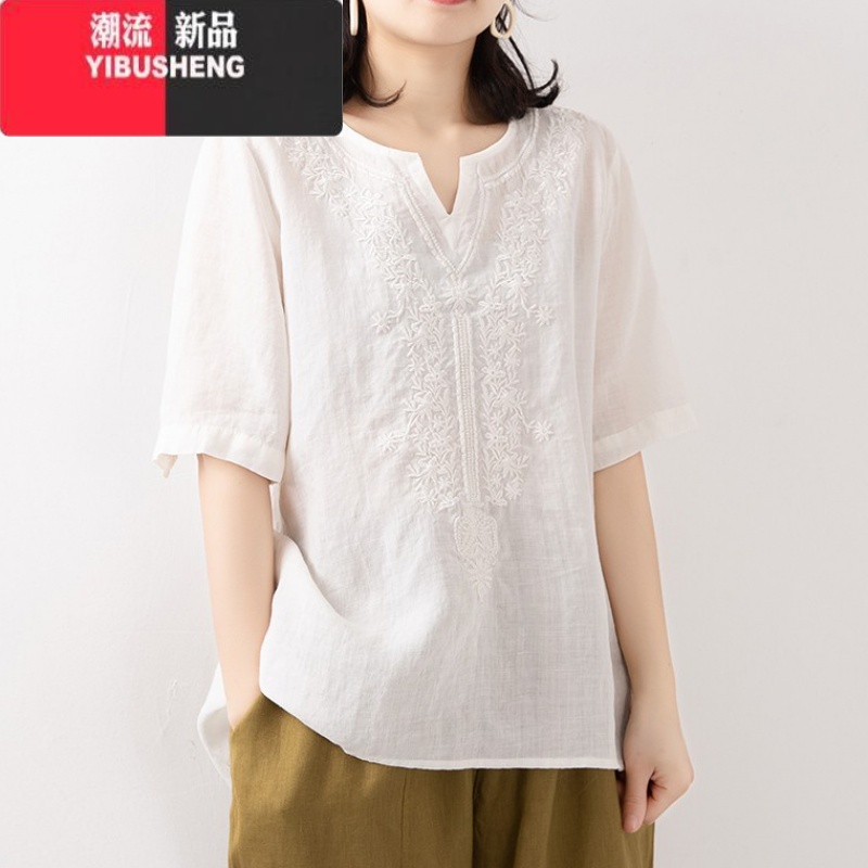 YIBUSHENGv领季新款棉麻衬衫女宽松套头刺绣短袖t恤女绣花上衣薄款