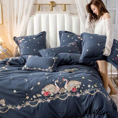 美帮汇60支长绒棉四件套加厚保暖全棉磨毛床单全棉被套刺绣床上用品
