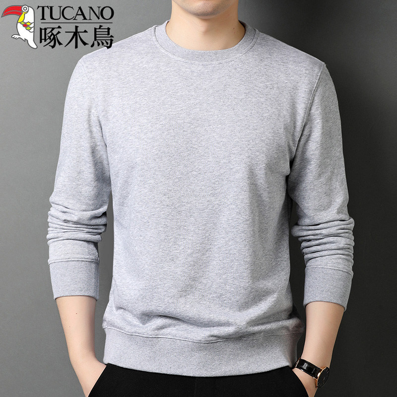 啄木鸟春秋新款男士纯色休闲卫衣纯棉长袖宽松T恤潮流套头体恤男