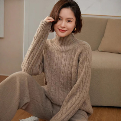 加厚山羊绒复古麻花纯色高领女士宽松休闲百搭秋冬新款针织衫长袖