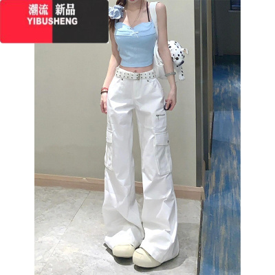 YIBUSHENG美式复古白色阔腿工装裤女季新款高腰宽松显瘦百搭直筒休闲裤子