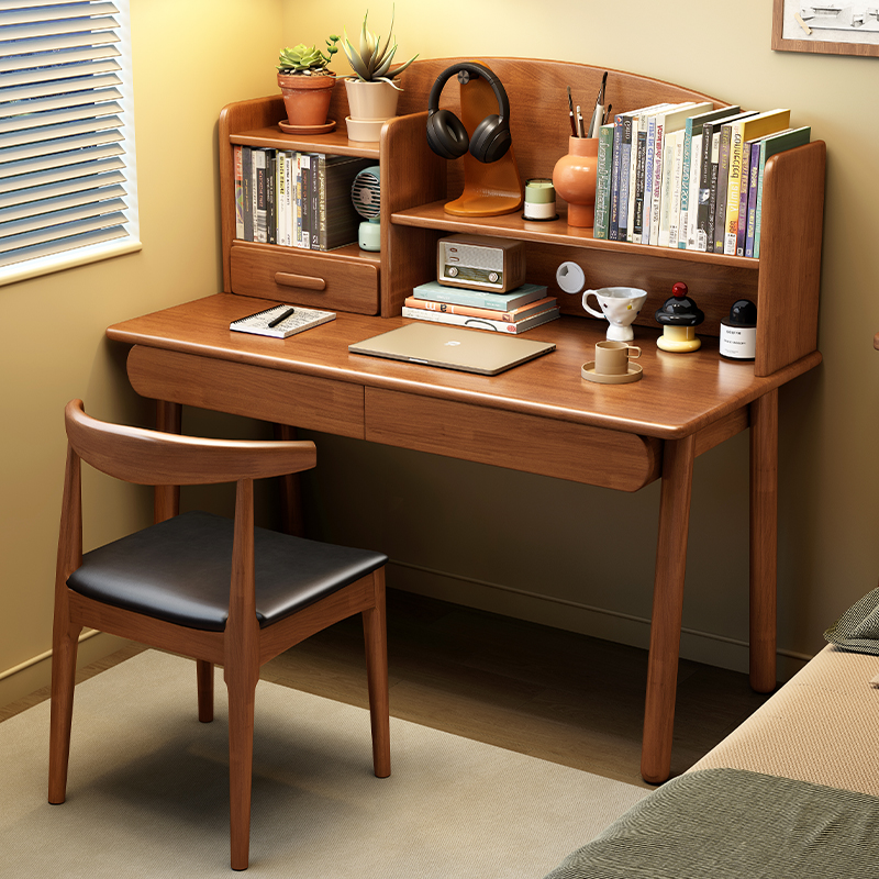 实木书桌书架一体桌小户型办公电脑桌卧室家用初高中学生学习桌椅