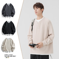 春秋季新款潮牌男士假两件圆领套头卫衣男宽松长袖撞色T恤男上衣