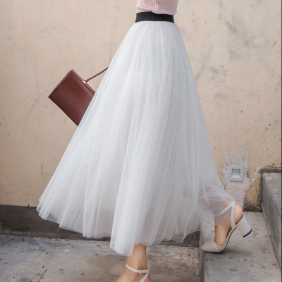 网纱半身裙女春夏季新款大摆a字纱裙长款韩版百褶高腰蓬蓬仙女裙约龙