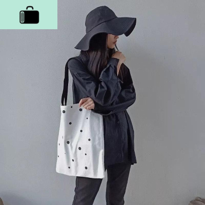 韩系chic可爱波点百搭单肩帆布包购物袋手提学生书包女清新拼色包NEW LAKE 白色圆波点图案女手包