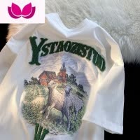 七斓美式复古植绒刺绣男士短袖半袖夏季高街圆领宽松T恤