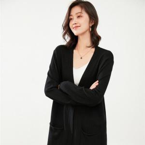春秋新款女中长款针织开衫外套纯色V领长袖带口袋纯色大码毛衣女