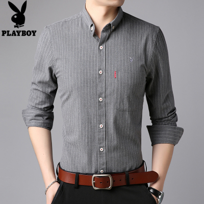 花花公子(PLAYBOY)秋季新款长袖衬衫男士休闲潮流衬衣韩版修身帅气竖条寸衫男中年爸爸装休闲棉质薄款衬衫
