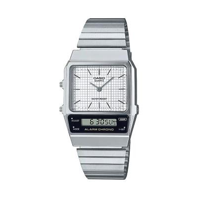 卡西欧(CASIO)石英表男女款银色不锈钢防水电子指针双显运动商务手表