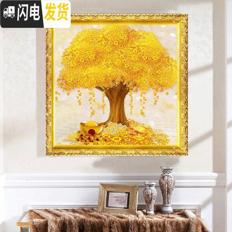 三维工匠钻石画2020年新款满钻客厅发财摇钱树十字绣水晶带框 [画加实木框]满钻[40*40CM]配金色画框掌柜墙裂推荐