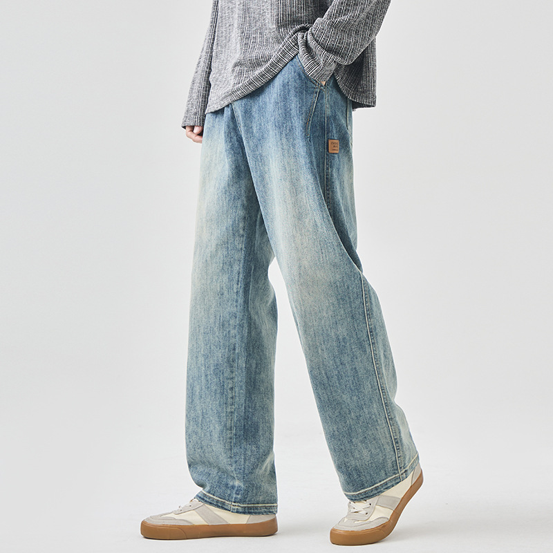 男士宽松阔腿牛仔裤 渐变浅蓝水洗 抽绳松紧腰 舒适垂坠感男长裤