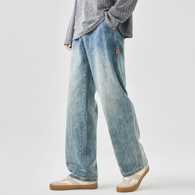 男士宽松阔腿牛仔裤渐变浅蓝水洗抽绳松紧腰舒适垂坠感男长裤