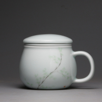 影青陶瓷景德镇茶水分离茶具同心过滤带盖子办公室家用泡茶杯 三维工匠 佛手荷花