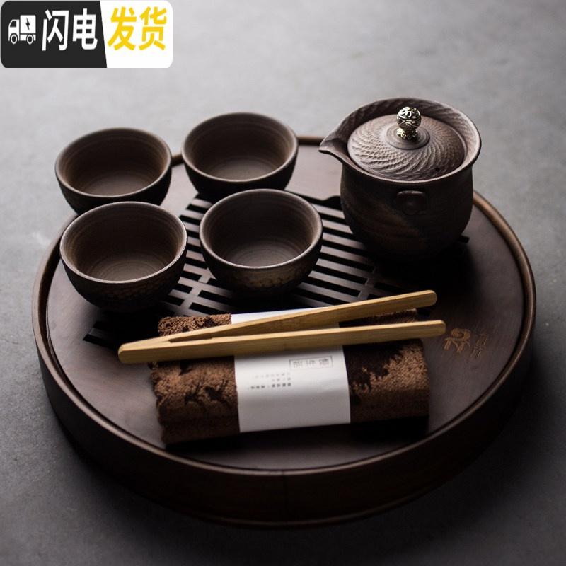 三维工匠复古粗陶盖碗茶具套装家用功夫日式茶壶整套干泡小茶台功夫茶茶盘 粗陶套装8入—藏银手抓壶