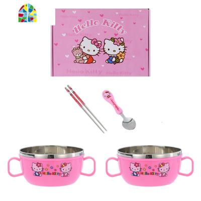 不锈钢碗儿童餐具套装宝宝防摔吃饭碗带盖卡通防烫双耳汤碗礼品碗 FENGHOU 粉色2碗1勺1筷(无盖)