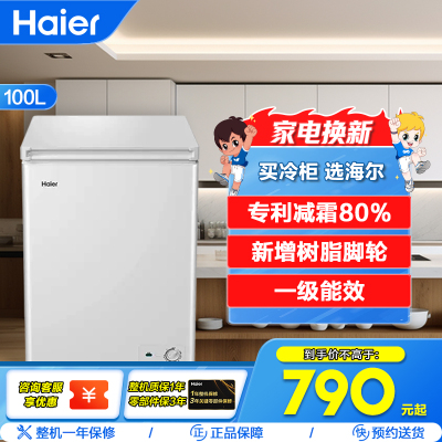 海尔(Haier)100升 家用卧式冰柜 冷柜 小冰箱 减霜80% 一级能效 断电保护 带脚轮BC/BD-100GHDT