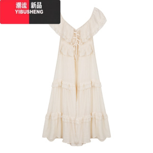 YIBUSHENG度假风防晒系带方领一字肩连衣裙女装季设计感拼接宽松长款裙子 杏色长款裙 均码